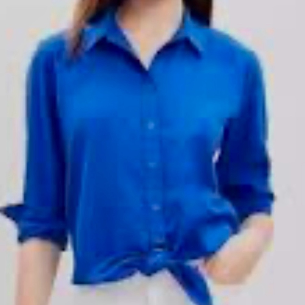 LOFT Tie-Front Limen Blend Women's Royal Blue Button-Up Long Sleeves Shirt Sz S